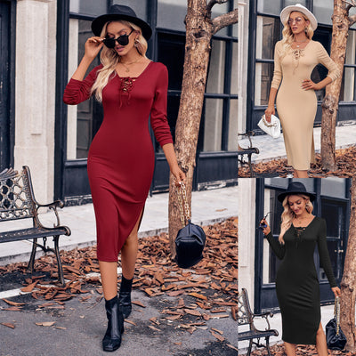 Women's Fashion Solid Color Collar Lace-up Sexy Knitted Dress