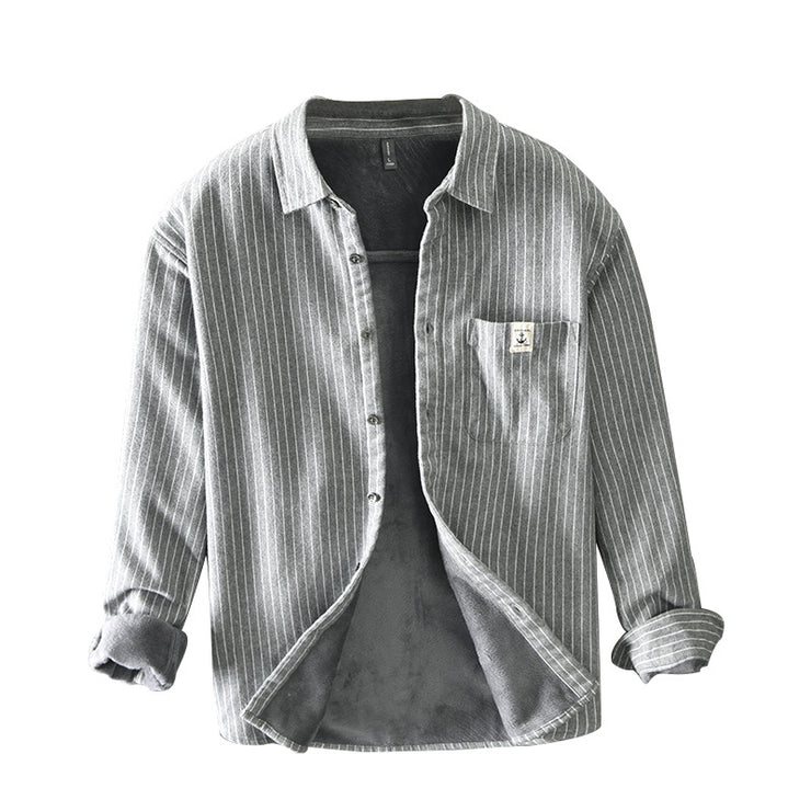 New Men's Brushed Fleece Striped Shirt Jacket