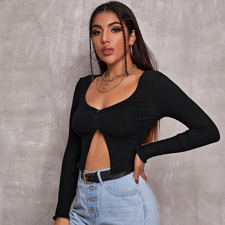 Long Sleeved Crop Cardigan Top Sexy Button Knit T-shirt