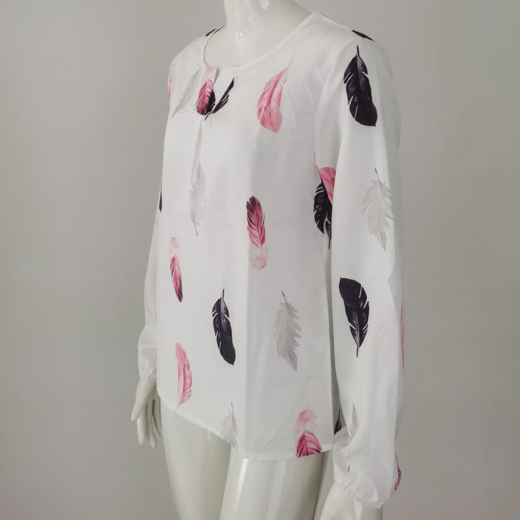 Feather Print Polo Shirt Long Lantern Sleeve Shirt Turndown Collar Breasted Tops Clothes