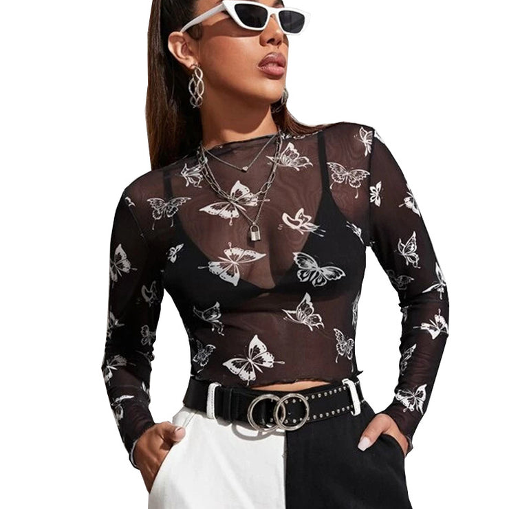 Sexy Mesh Butterfly Long Sleeve Mesh Long Sleeve T-shirt