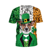 Patrick's Day Four Leaf Grass Cute Pet Cat Digital Print Round Neck T-shirt