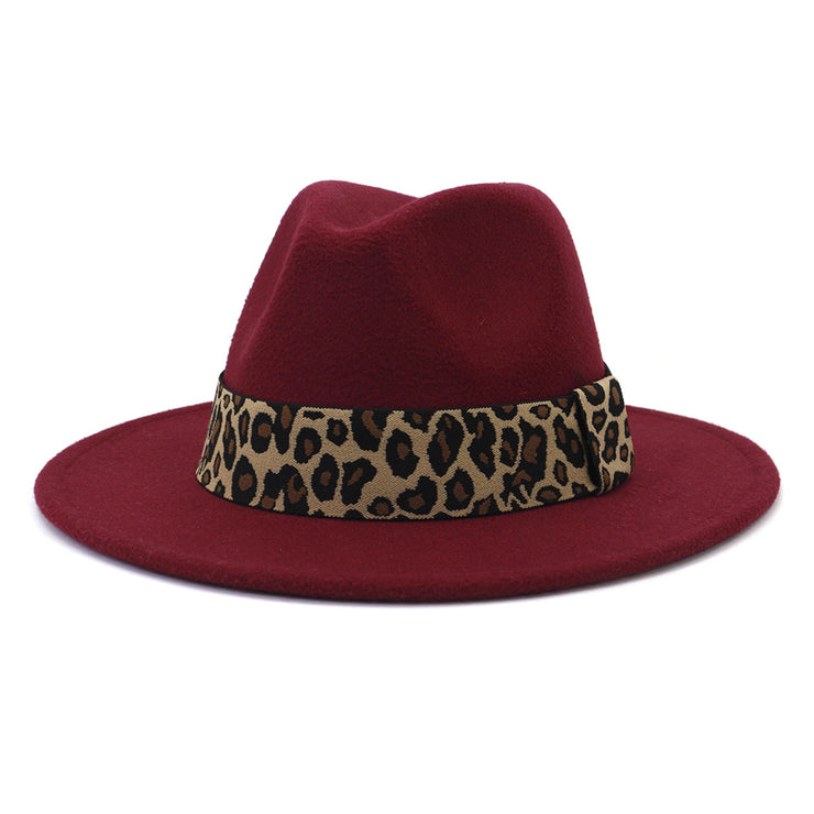 British Style Wool Leopard Print Wide-brimmed Hat