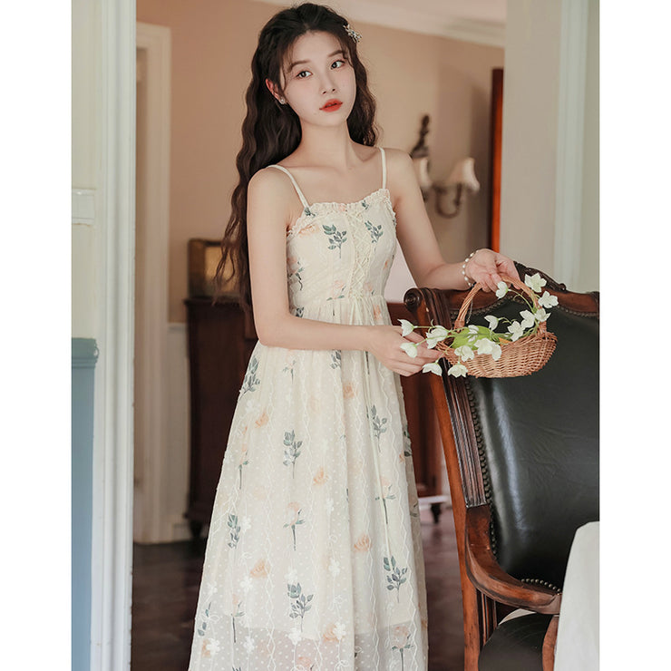 Tea Break A- Line Dress Temperament Waist-controlled Strap Floral Dress