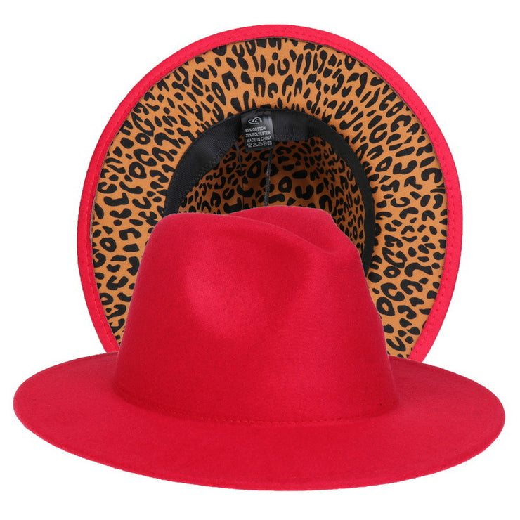 Double-sided Color-blocking Leopard Print Woolen Fedora Hat