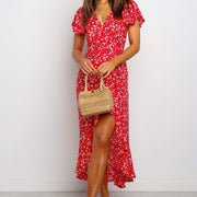 Printed V-neck Short-sleeved Irregular Dress