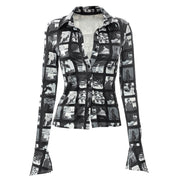 2023 New Printed Lapel Cardigan Single-breasted Long-sleeved Casual Top Shirt