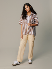 Japanese Retro Brown Striped Short Sleeves