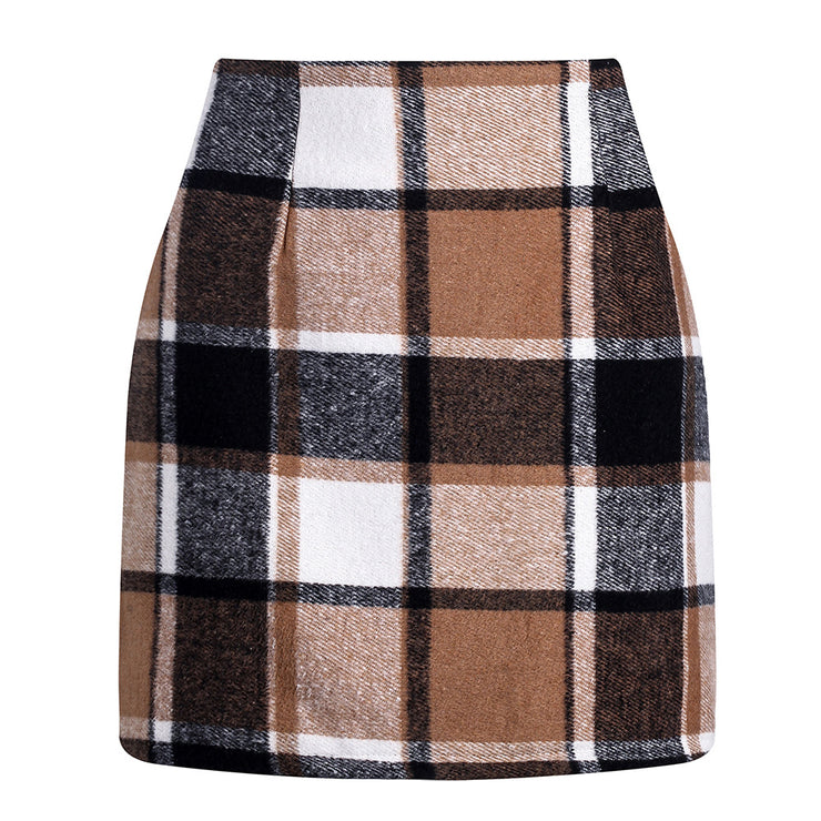 High-waisted Plaid Skirt Tight Pencil Wool Mini Skirt