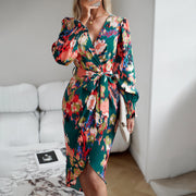 Printed Dress 2023 Autumn Winter Elegant V-neck Dress