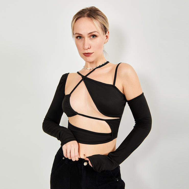 Long Sleeve Top Cut Out Asymmetrical Neck