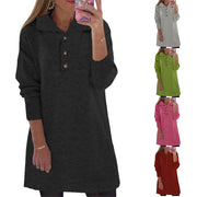 New Women's Solid Collar Button Long Sleeve Casual Dress Women