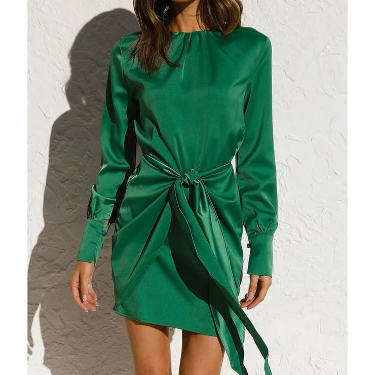 Pleated Tied Waist-controlled Long Sleeves Dress