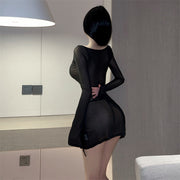 Women's Sunscreen New Square Neck Long Sleeve Slim Mesh See-Through Package Hip Slit Dress