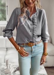 Striped Long Sleeve Shirt Fashion Ruffle Design Button Up Tops Casual Office Blouse Elegant Commuting Women's Clothing