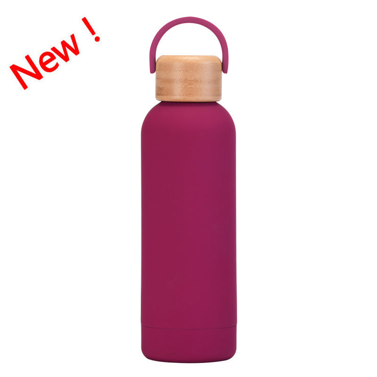 500ml Small Mouth Vacuum Cup Portable Handle Bamboo Wood Cover Water Cup Water Bottle