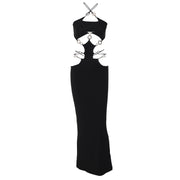 Women's New Sexy Low-cut Circle Splicing Hanging Neck Halter Backless Slit Dress