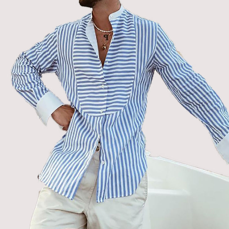 Men's Loose And Simple Striped Irregular Stitching Long-sleeved Shirt Cardigan