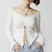 Two-wear Top Wooden Ear Edge Horn Sleeve Sexy Off-the-shoulder Long Sleeve T-shirt Woman