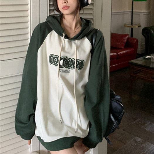 Women's Embroidered Letter Raglan Sleeve Hooded Sweater