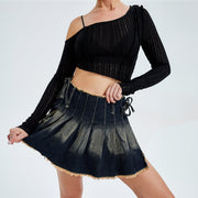 Retro Vintage Blue Hot Girl Low Waist Slim A-line Skirt