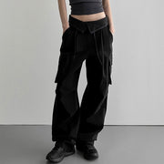 Solid Color Waist Cuff Lace Loose Cargo Pocket Lounge Pants