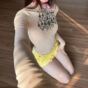 Street Niche Personality Candle Print Mesh T-shirt Summer Slim See-through Round Neck Outer Long-sleeved Tops