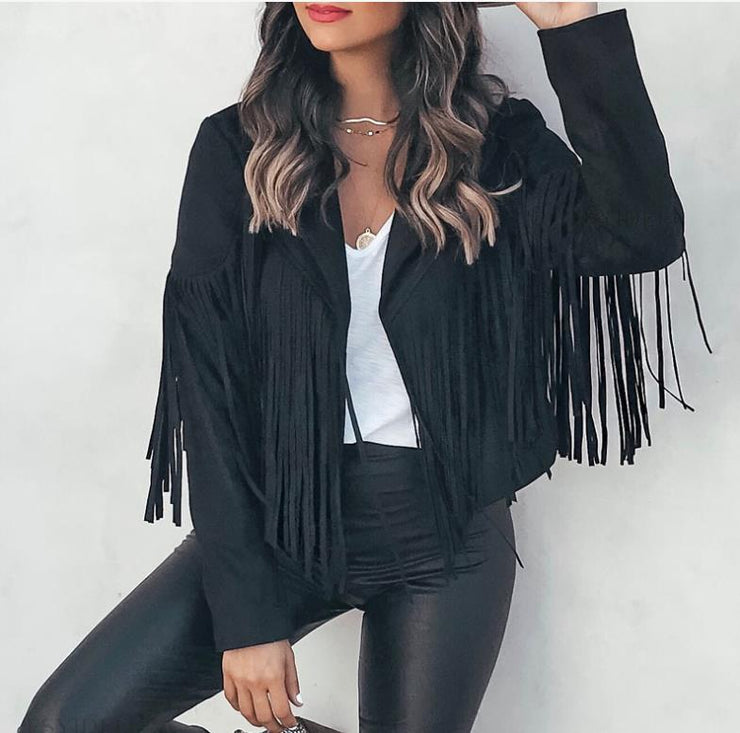 Women's Faux Suede Leather Fringe Jacket Motorcycle Moto Biker Short Open Front Tassel Coat