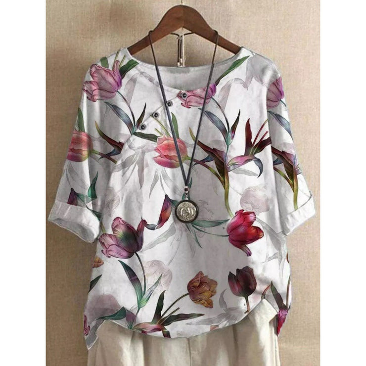 Women's Fashionable Retro Printed Cotton And Linen Short-sleeved T-shirt