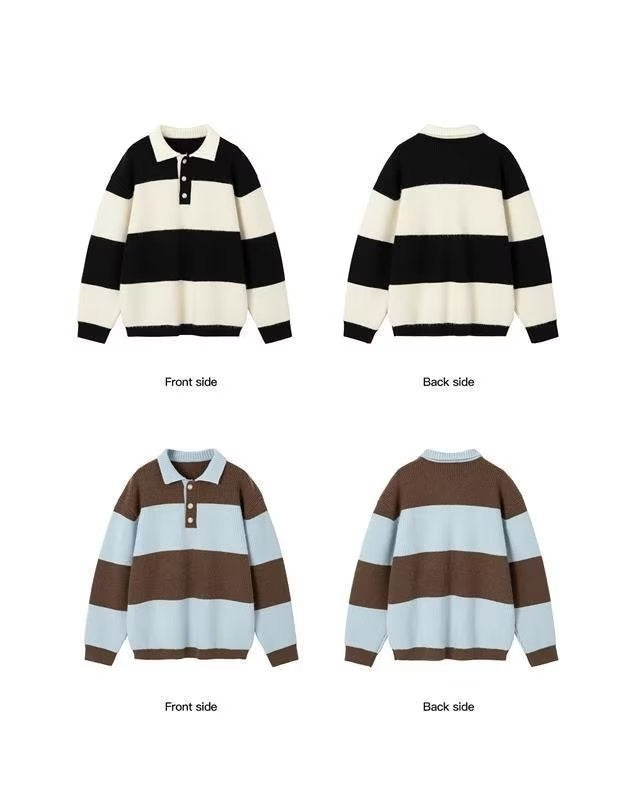 Loose Black And White Striped Sweater For Men