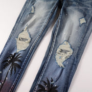 Digital Printing Coconut Pattern Spray Paint Ripped Jeans