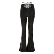 Slim PU Leather Casual Pants With High Waist Straight Leg And Wide Leg Strap