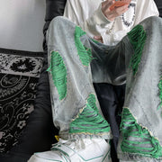 Green Ripped Jeans For Men Raw Embroidery