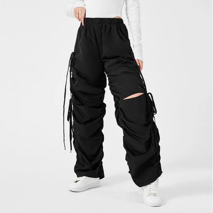 Street Drawstring Hole Casual Loose Wide Legs Cargo Pants