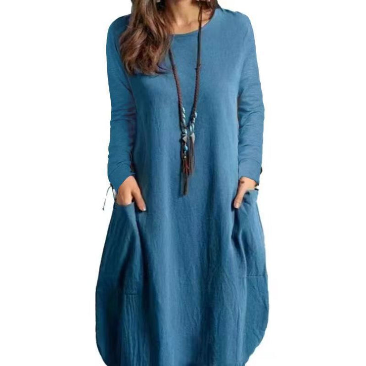 Women's Autumn Cotton And Linen Loose Casual Solid Color Long-sleeved Dress