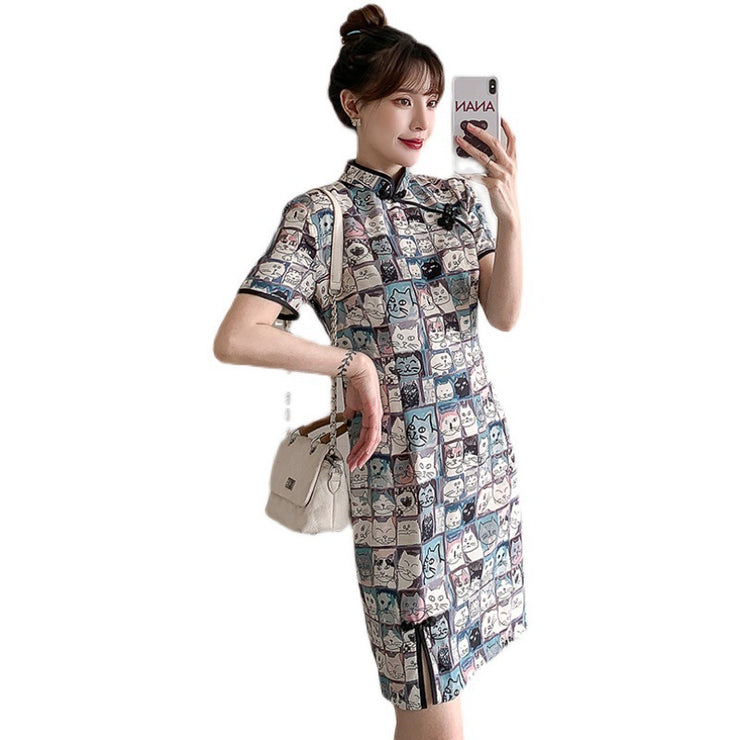 Cartoon Plaid Slim Dress Young Cheongsam