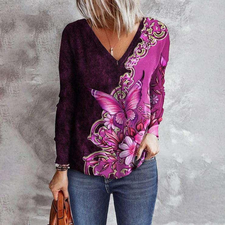 Women's Flower Butterfly Printed V-neck Long Sleeve Loose T-shirt