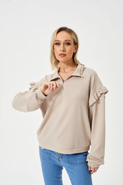 Women's Casual Ruffle Trim Half Zip Sweatshirt