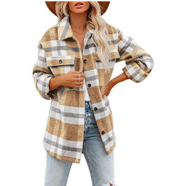 Women's Fashionable Woolen Plaid Shirt Jacket