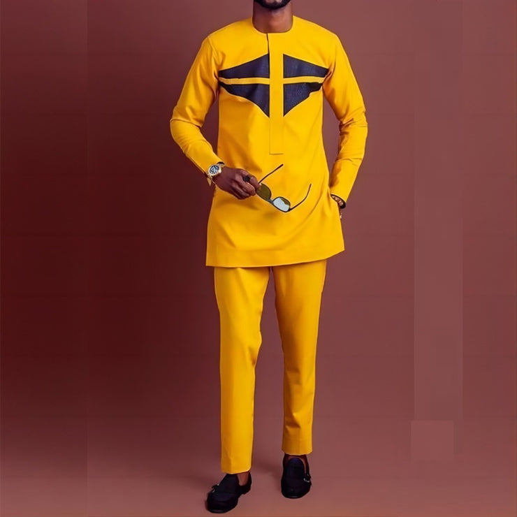 African Ethnic Style Casual Suit Yellow Shirt And Trousers 2-piece Suit