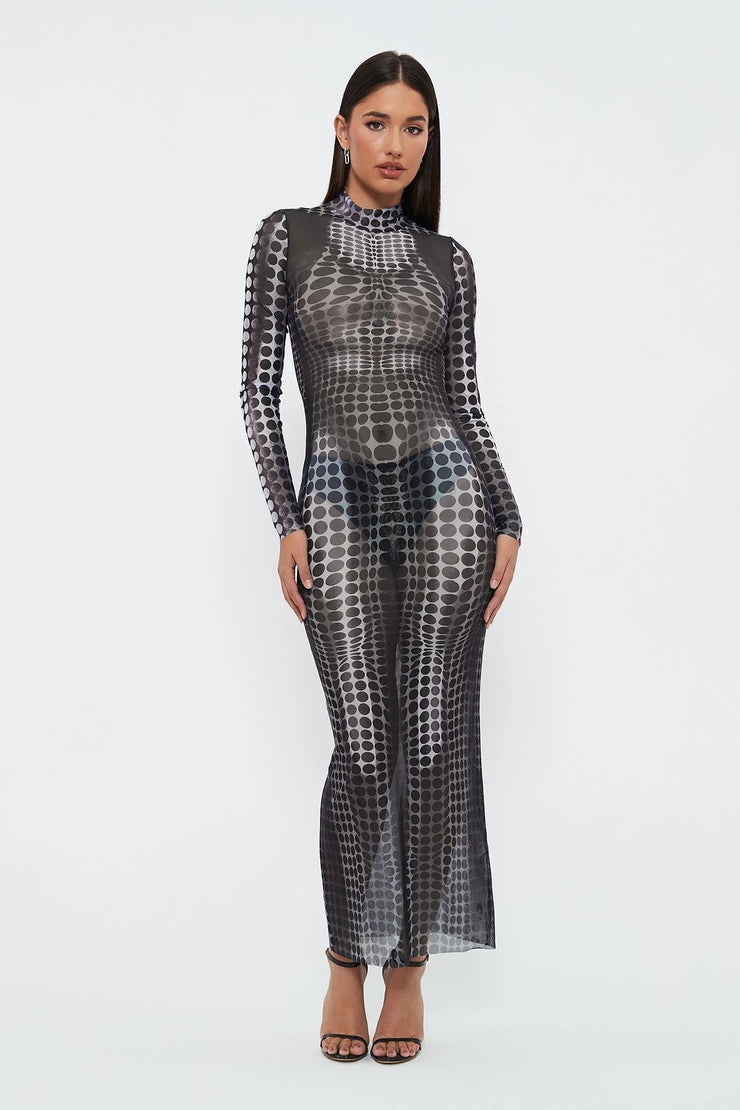 2023 Women's New Sexy See -through Mesh Printed High -waist Slim Long Dress