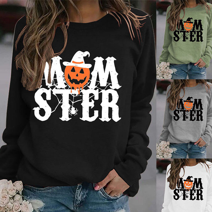 Printed MOM STER Pullover Round Neck Loose Long Sleeves Sweater