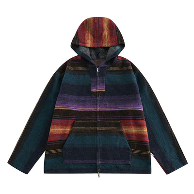 Men's Retro Horizontal Striped Vintage Hooded Jacket