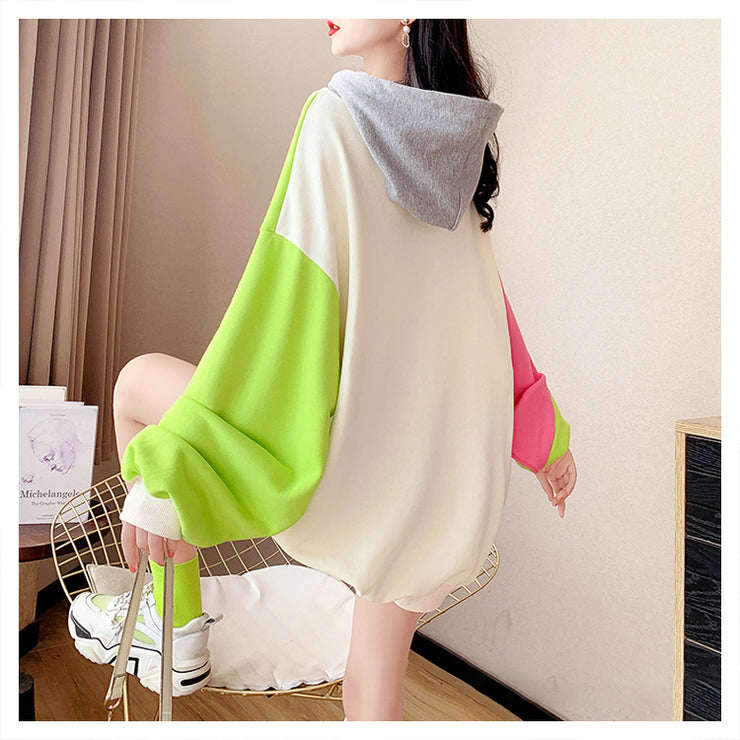 Women's Idle Style Hooded Color Matching Stitching Long-sleeved Hooded Sweater