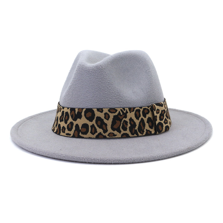 British Style Wool Leopard Print Wide-brimmed Hat